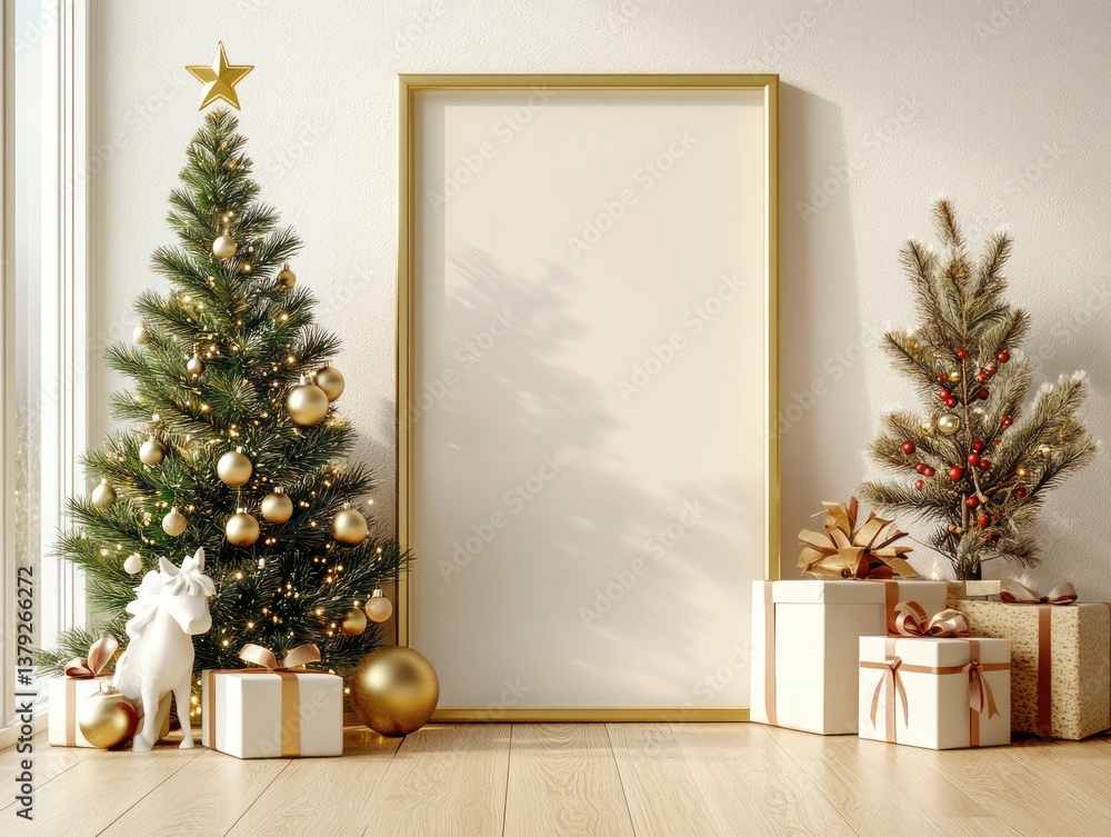 Christmas Minimalist Interior Scene with Picture Frame, Pine Tree, Gift Boxes and Festive Decor Christmas Minimalist Interior Scene with Picture Frame, Pine Tree, Gift Boxes and Festive Decor