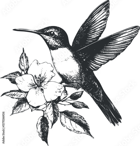 Black and white illustration of a hummingbird hovering near a flower with detailed sketching.