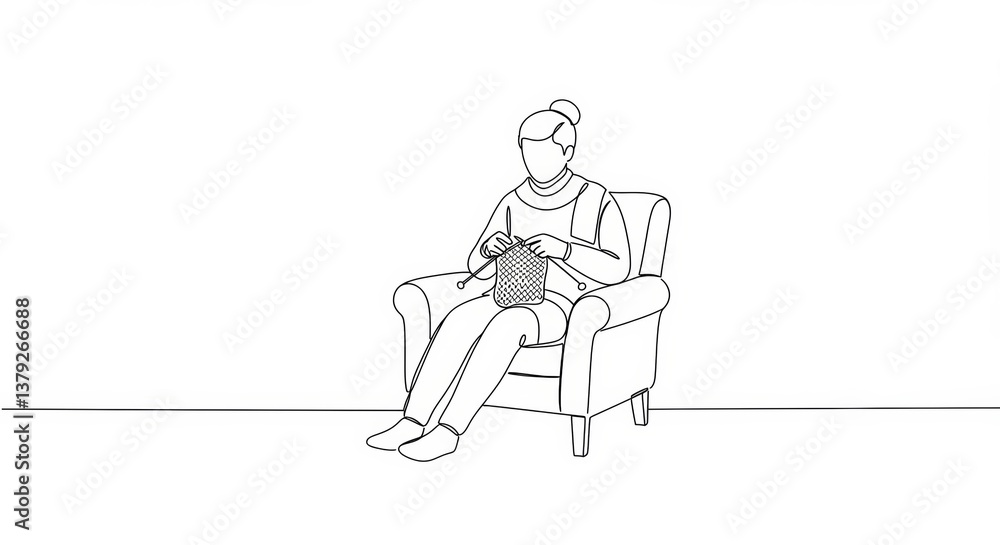 Minimalist continuous line drawing of a woman knitting in a cozy armchair Minimalist continuous line drawing of a woman knitting in a cozy armchair