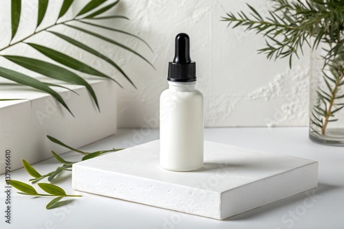 Pure Essential Oil Dropper Bottle Minimalist Design Greenery Background