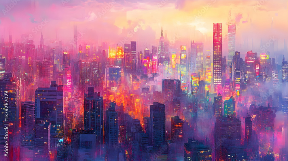 Obraz premium Vibrant city skyline at dawn, misty atmosphere, urban landscape, website banner
