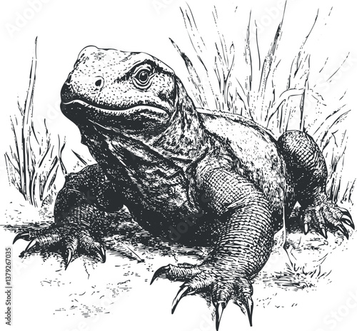 Detailed black and white illustration of a lizard in a natural habitat with grass.