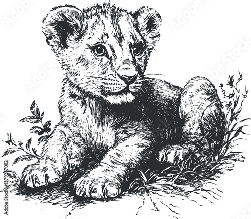 Detailed black and white sketch of a lion cub sitting among plants, showcasing its inquisitive nature.