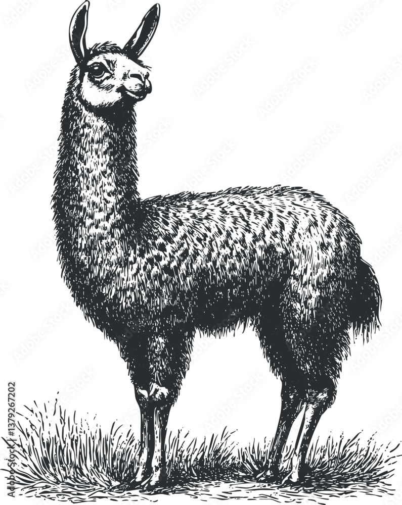 Fototapeta premium Detailed black and white sketch of a llama standing in a grassy field.