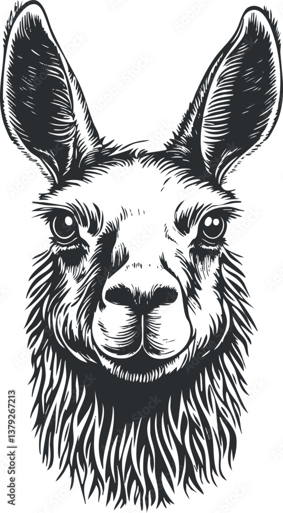Fototapeta premium Detailed black and white illustration of a llama head with expressive features and fur.