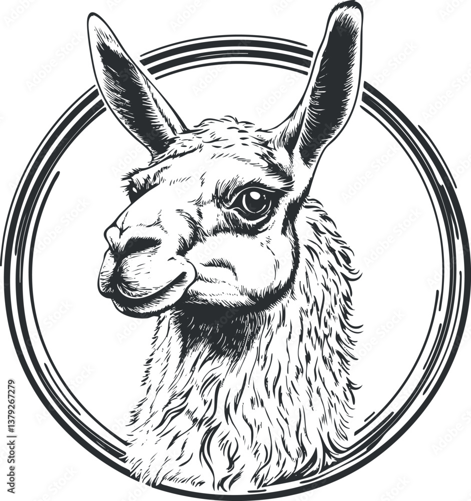 Fototapeta premium Black and white illustration of a llama head within a circular decorative design.