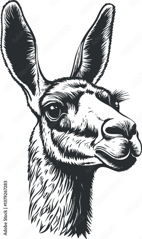 Fototapeta premium Black and white illustration of a llama's head with detailed fur and expressive features.