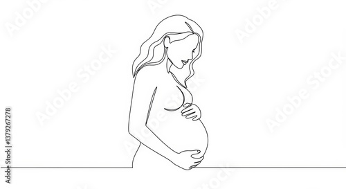 Elegant line art depicting pregnant woman cradling her belly in a single continuous stroke