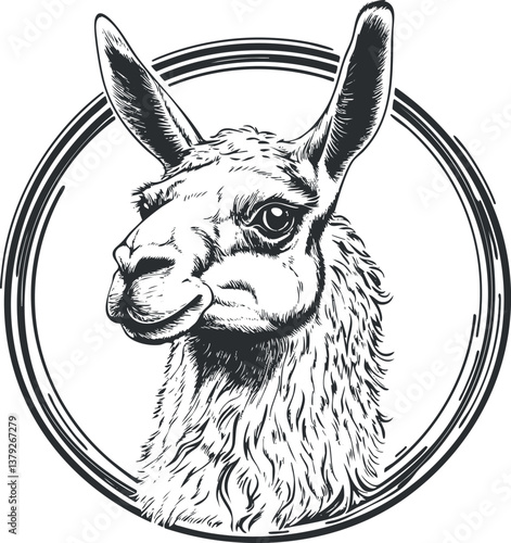 Black and white illustration of a llama head within a circular decorative design.