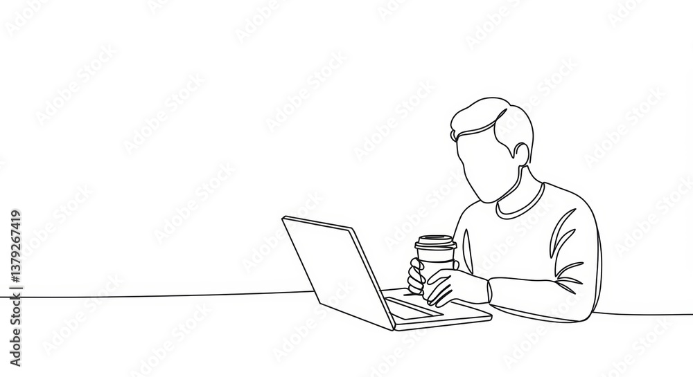 Minimalist line art depicting late-night work session with laptop and coffee Minimalist line art depicting late-night work session with laptop and coffee