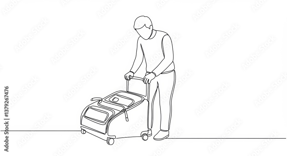 Continuous line drawing of a person with suitcase, travel preparation art Continuous line drawing of a person with suitcase, travel preparation art