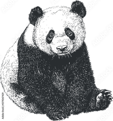 Detailed black and white illustration of a panda bear sitting and looking forward.