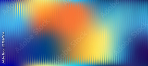 Bright ribbed glass texture background. Blue, orange, and yellow ribbed glass. Mesh blurry acrylic ribbed gradient. Abstract reeded glass background with a semi-transparent overlay.