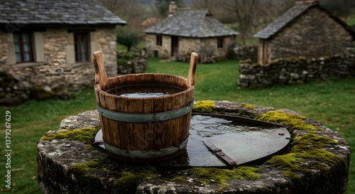 Wooden Bucket Full of Water on Mossy Stone Well in Village