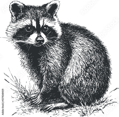 Detailed black and white illustration of a raccoon sitting with a textured fur pattern.