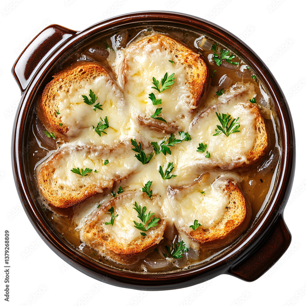 Traditional French onion soup served in an earthenware pot with golden toasted bread slices topped with melted gratinated cheese and garnished with fresh parsley Traditional French onion soup served in an earthenware pot with golden toasted bread slices topped with melted gratinated cheese and garnished with fresh parsley