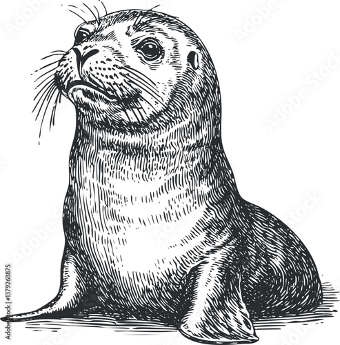 Detailed black and white illustration of a seal sitting with whiskers and flippers visible.