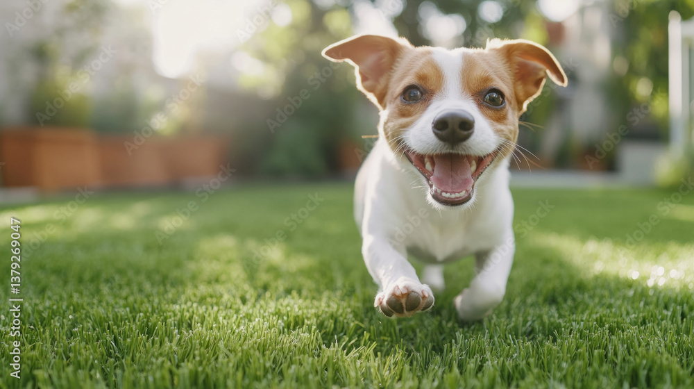 Pet friendly lawn: happy dog joyfully running on freshly laid grass for outdoor fun Pet friendly lawn: happy dog joyfully running on freshly laid grass for outdoor fun