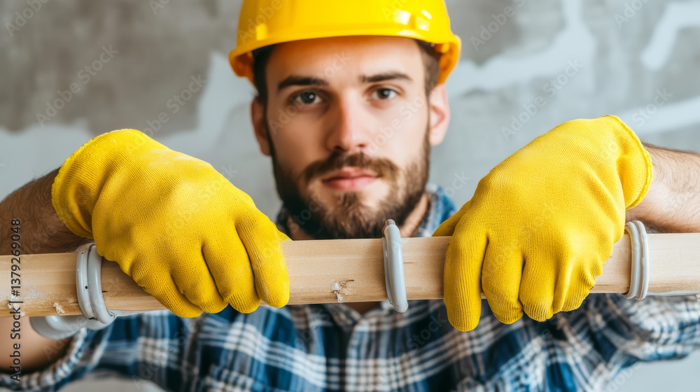 Skilled worker with protective gear focusing on plumbing and electrical tasks in construction site Skilled worker with protective gear focusing on plumbing and electrical tasks in construction site
