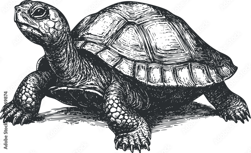 Fototapeta premium Detailed black and white illustration of a turtle, showcasing intricate shell patterns and textures.