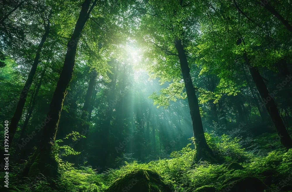 Obraz premium Lush Green Forest with Towering Trees and Sunlight Through the Canopy