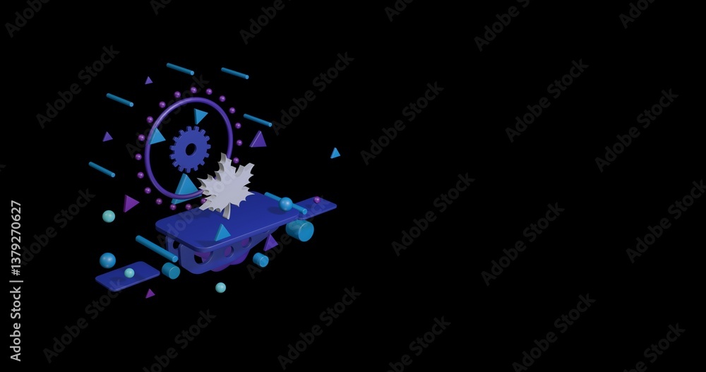 Obraz premium White maple leaf on a pedestal of abstract geometric shapes floating in the air. Abstract concept art with flying shapes on the left. 3d illustration on black background