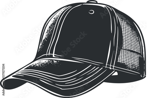 Black and white vector illustration of a baseball cap with mesh back and detailed design.