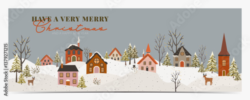 Christmas greetings banner with a peaceful snowy winter village, colorful houses, reindeers, snowman and colorful text, vector illustration