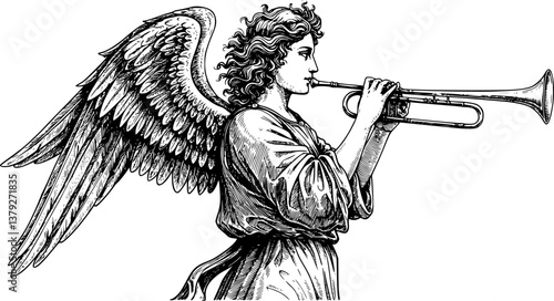 Angel Blowing Trumpet Winged Figure Black and White Vector Illustration

