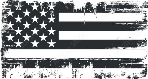 Grunge-style black and white American flag with distressed texture and abstract design elements.