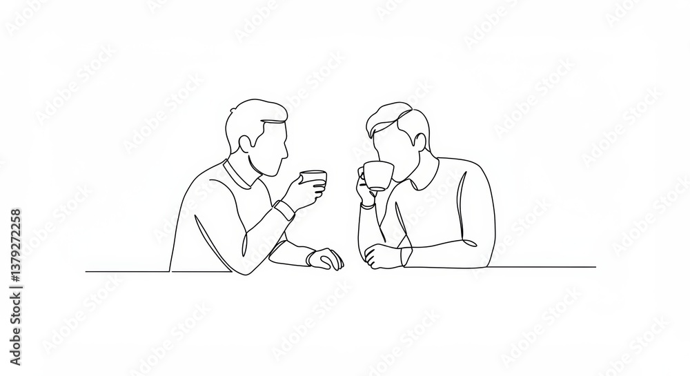 Minimalist continuous line art of two friends enjoying a coffee together in a cafe Minimalist continuous line art of two friends enjoying a coffee together in a cafe