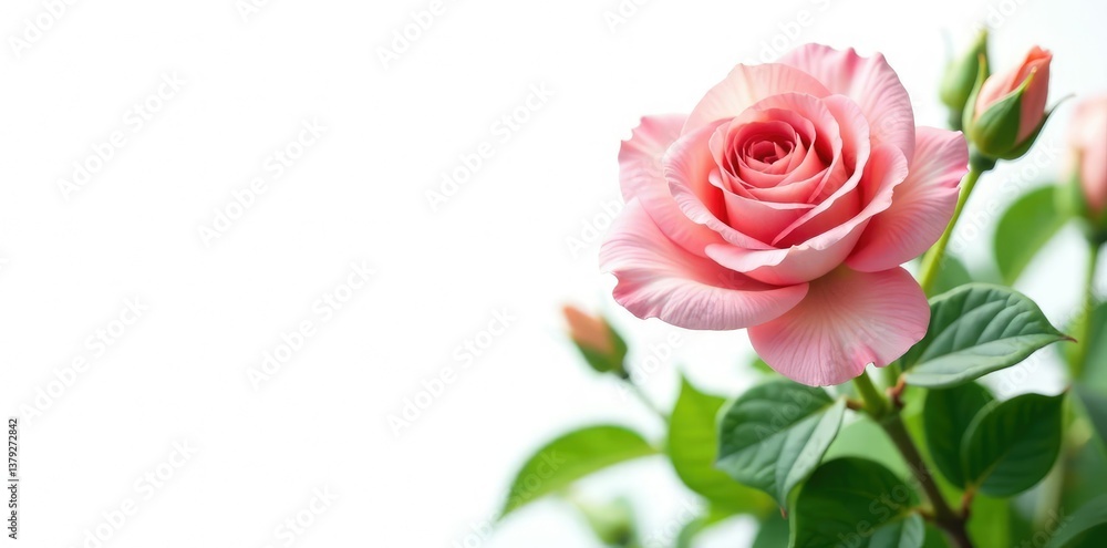 Blooming flower with lush green foliage against a pure white background, color, botanical Blooming flower with lush green foliage against a pure white background, color, botanical