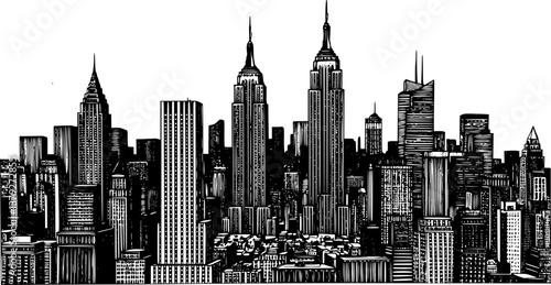 modern city skyline engraving black and white outline

