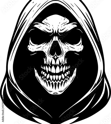 Grim Reaper with Open Mouth Screaming and Showing Teeth, Black and White Vector Illustration
