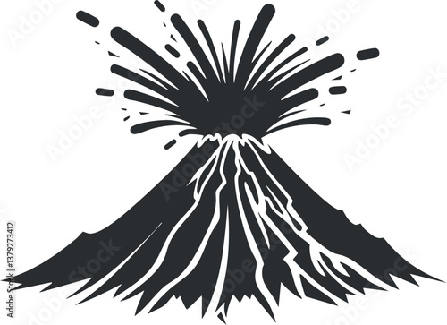 Black and white vector illustration of a volcanic eruption with lava and ash explosion.