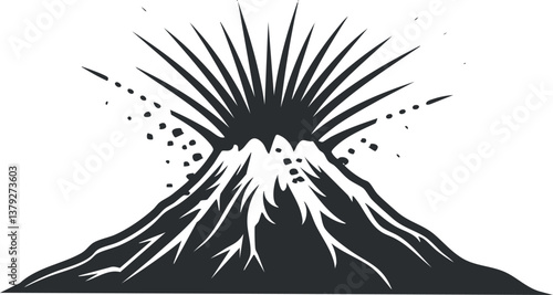 Silhouette illustration of a volcano erupting with ash and lava on a white background.