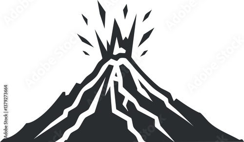 Black and white vector illustration of a volcanic eruption with lava and ash clouds.