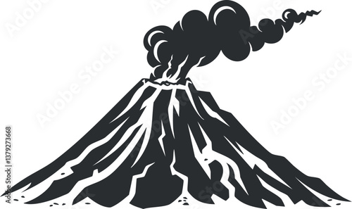 Black and white illustration of an erupting volcano with smoke and ash clouds.