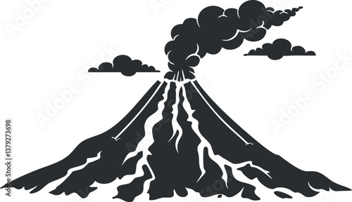 Black and white illustration of a volcano erupting with smoke and lava flowing down.