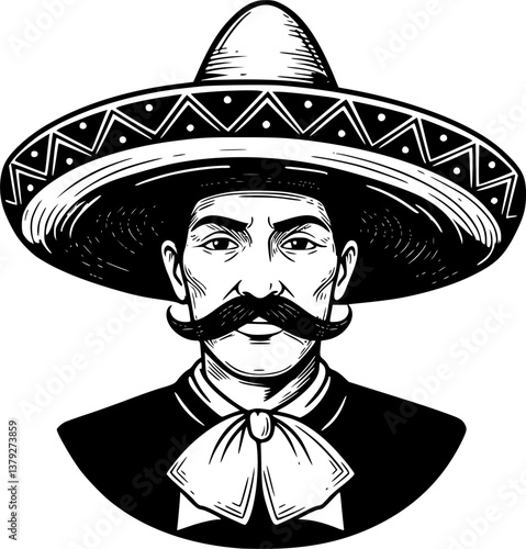 Man wearing a sombrero and suit with bow tie, in black and white vector illustration style
