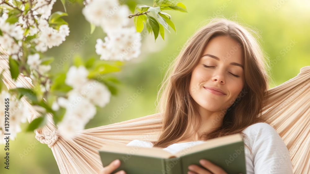 Fototapeta premium Spring relaxation with peaceful woman reading in hammock under blossoming tree