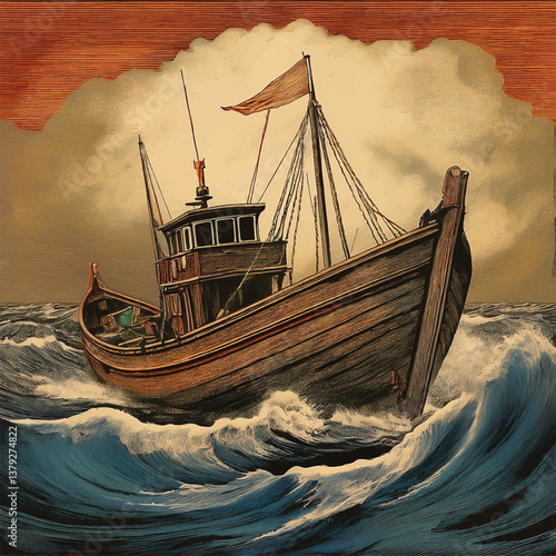 vintage boat on raging sea