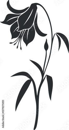 Silhouette of a lily flower with leaves and stem in a minimalist black and white design.
