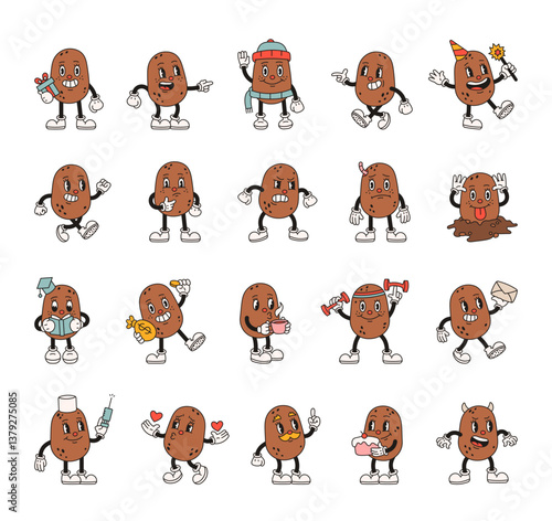 Groovy retro cartoon potato character illustrations with emotions actions accessories expressions objects and seasonal festive decorative elements