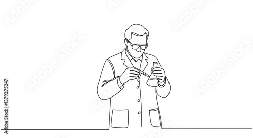 Elegant minimalist line art depicting a scientist with lab coat examining a test tube