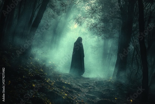 mysterious ghost in eerie dark forest fog mist silhouette