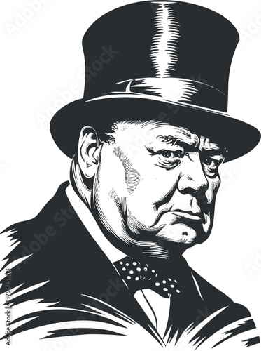 Black and white illustration of a serious-looking man in a top hat, showcasing vintage style.