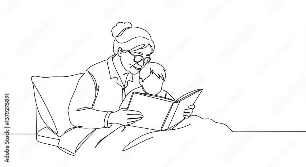 A minimalist line drawing captures a grandmother reading a bedtime story to grandchild A minimalist line drawing captures a grandmother reading a bedtime story to grandchild