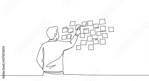 Continuous line illustration of a brainstorming session with sticky notes on a wall