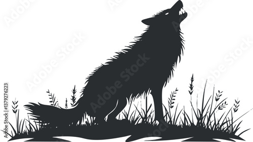 Silhouette of a howling wolf standing on grass, symbolizing wilderness and nocturnal mystery.